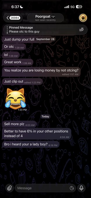 A screenshot of a Snapchat DM conversation with user "Poorgoat" showing messages about cryptocurrency trading, including discussions of selling positions, profits, and a request to "Sell more plz." The exchange reflects the ongoing dispute mentioned in the post, where the user is defending their right to sell $CATE tokens and pushing back against Poorgoat's community turning against them.