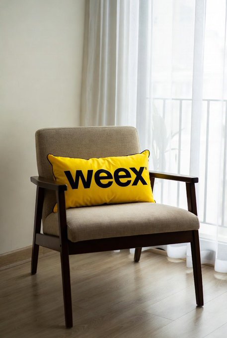 A gray armchair in a softly lit room holds a bright yellow pillow displaying the word "weex" in bold black letters. Paired with the post "Too late to say GM?", the image humorously suggests a leisurely, late-week vibe rather than an early morning greeting—fitting for a relaxed weekend setting featuring the WEX Inc. (NYSE: WEX) brand.