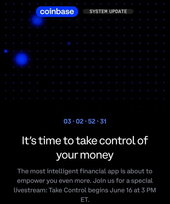 The image shows a computer screen with an email notification fromCoinbase, which reads "it's time to take control of your money" as its main content. The background features a black and white patterned design.