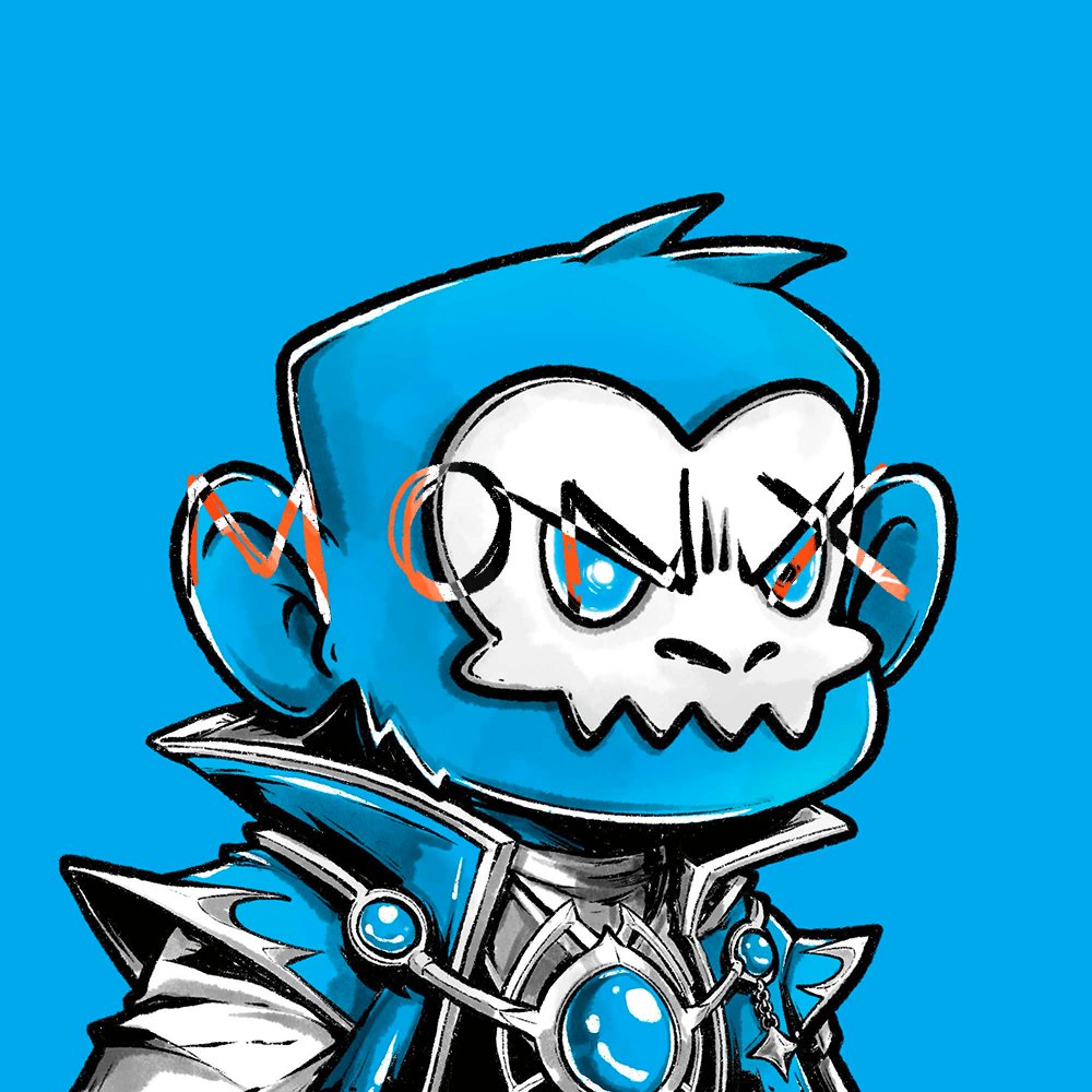 The image features a cartoon character with blue hair, dressed as a knight or a wizard, wearing a blue robe and a crown. The character has a serious expression on their face, giving them an evil or mysterious appearance. The caption below the image reads "777 hand drawn monx. one of one. on the ledger forever. xrp.cafe/collection/monx post and share your monx below!".