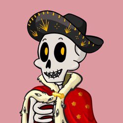 A cartoon skeleton wearing an oversized sombrero with gold detailing and a red cape stands against a pink background, fitting the "Bon" soda NFT collection promotion referenced in the post.