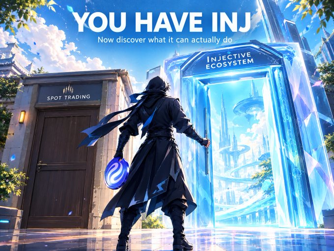 A fantasy-style promotional graphic featuring a hooded figure standing before glowing blue portals labeled 'SPOT TRADING' and 'INJECTIVE ECOSYSTEM', with the headline 'YOU HAVE INJ' and tagline 'Now discover what it can actually do'.