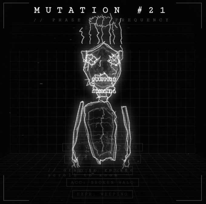 A dark digital illustration labeled 'MUTATION #21 // PHASE: FREQUENCY' depicting a glitchy, wireframe-style humanoid figure with 'EXPR: WEEPING' and 'ACC: BROKEN HALO' text at the bottom.