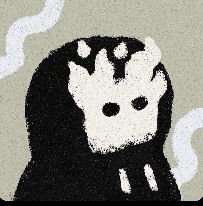 A grainy, minimalist illustration of a black hooded figure wearing a white mask with two hollow eyes and small horns, set against a muted green background with white smoke wisps.