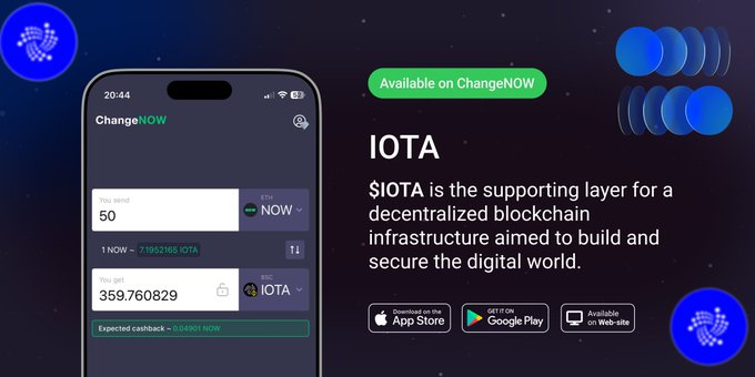 The image shows a cell phone with an app for IOTA, which is used for digital currency transactions. The phone displays the text "Change Now" along with the name of the app. The background of the image features a blue sky with white stars, creating a visually appealing contrast to the black and white elements in the foreground.