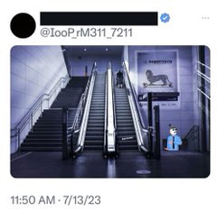 The image shows an escalator next to stairs with a person standing at the top displaying a sign. The tweet from @IooPrM311_7211 at 11:50 AM on 7/13/23 discusses @Ripple potentially receiving final OCC approval for a national trust bank soon, following @Circle's recent approval, with the escalator metaphorically suggesting an upward progression toward regulatory approval.