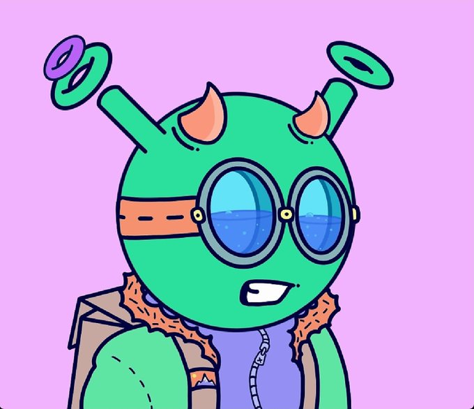 A cartoon illustration of a green alien-like creature with antennae, blue goggles, and a backpack against a pink background.