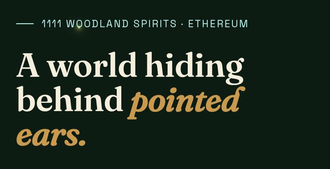 Dark green promotional graphic reading '1111 WOODLAND SPIRITS · ETHEREUM' and 'A world hiding behind pointed ears.'