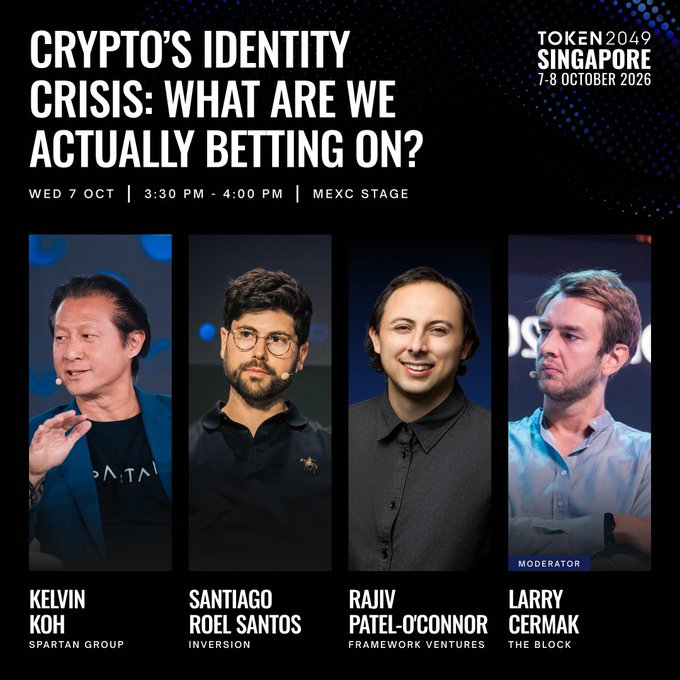 Promotional graphic for a Token2049 Singapore panel titled "Crypto's Identity Crisis: What Are We Actually Betting On?" featuring headshots of panelists Kelvin Koh (Spartan Group), Santiago Roel Santos (Inversion), Rajiv Patel-O'Connor (Framework Ventures), and moderator Larry Cermak (The Block), scheduled for Wednesday 7 October from 3:30 PM–4:00 PM on the MEXC Stage.