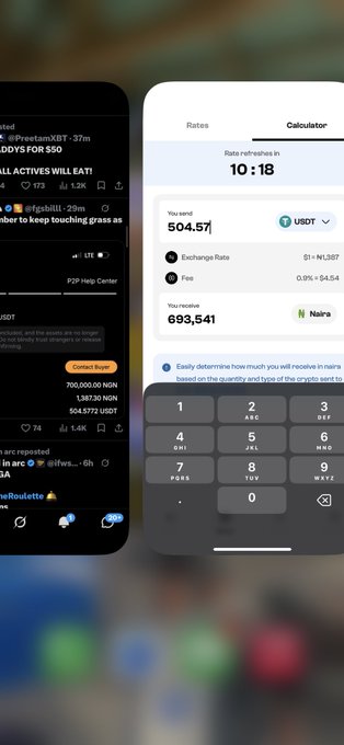A mobile app screenshot showing a crypto-to-fiat exchange calculator converting 504.57 USDT to 693,541 Naira at an exchange rate of $1 = ₦1,387.