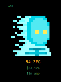 A pixel art cyan ghost-like character (#368) is listed for sale on Gotchi Labs for '54 ZEC' ($83,124), posted '12m ago'.