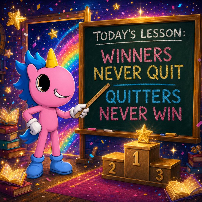 A pink cartoon unicorn wearing blue boots points to a chalkboard reading 'TODAY'S LESSON: WINNERS NEVER QUIT QUITTERS NEVER WIN', with a gold star on a first-place podium below.
