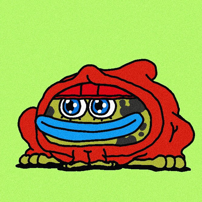 A cartoon illustration of a frog-like creature wearing a red hoodie and blue lip covering against a bright green background.