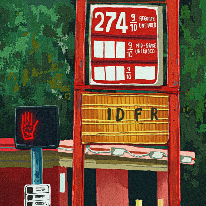 A textured painting depicts a gas station at night, featuring a red sign reading '274 9/10 REGULAR UNLEADED', '9/10 MID-GRADE UNLEADED', and the letters 'IDFR', alongside a sign with a red hand.