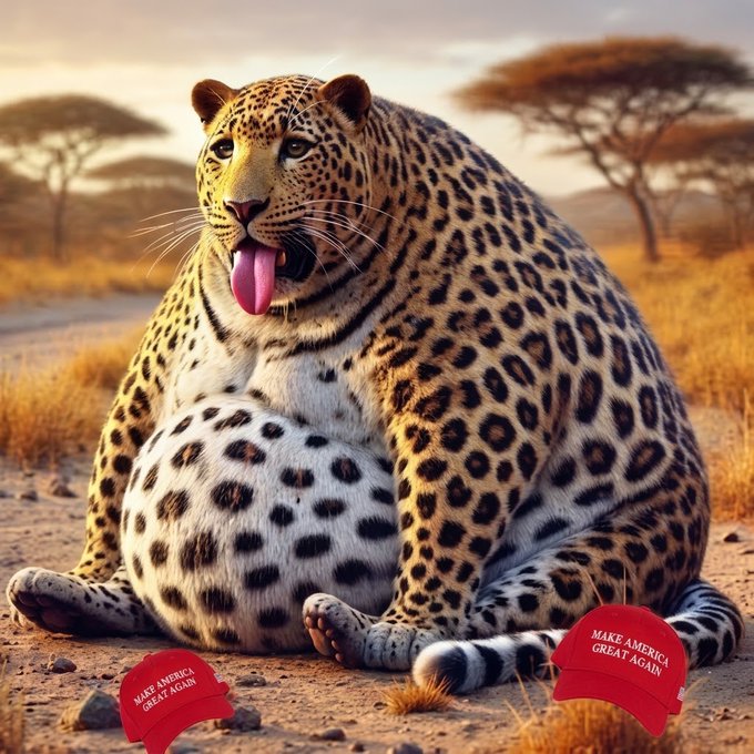 A heavily-built leopard sits in the savanna with its tongue out, flanked by two red "Make America Great Again" caps, humorously embodying the "Too heavy to move, too round to stop" tone of the $FATPARD meme coin launch.