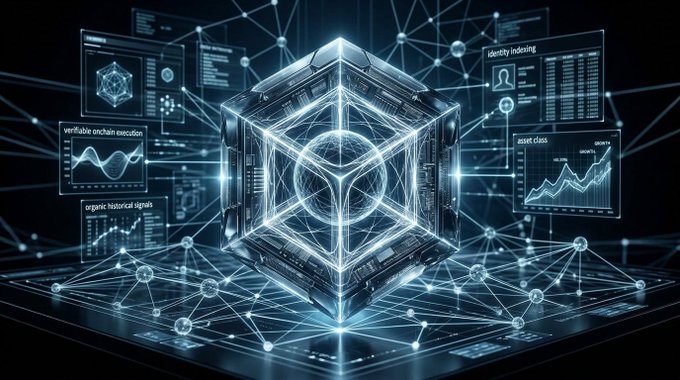 A futuristic digital illustration shows a glowing wireframe cube surrounded by holographic data panels displaying labels like 'verifiable onchain execution', 'organic historical signals', 'identity indexing', and 'asset class'.