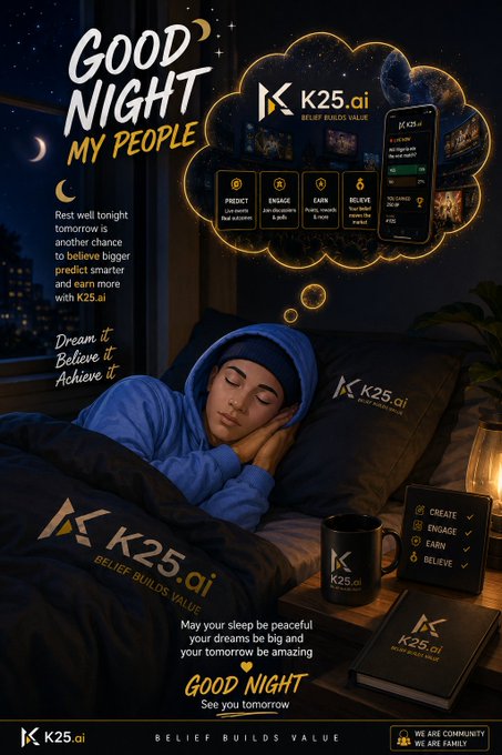 A promotional graphic for 'K25.ai' featuring the slogan 'BELIEF BUILDS VALUE,' with text reading 'GOOD NIGHT MY PEOPLE' and an image of a sleeping person alongside the platform's app interface, laptop, and merchandise.
