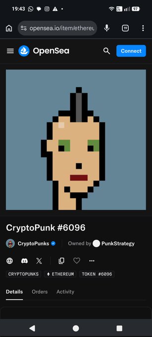 A mobile OpenSea webpage shows CryptoPunk #6096, a pixelated character with a mohawk, listed as owned by PunkStrategy on Ethereum.