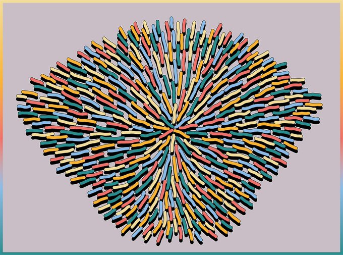 The image features a large, colorful explosion of many small lines radiating outwards from a central point. This explosion appears to be made up of numerous small circles or lines, creating an abstract and visually striking pattern. The colors used are predominantly blue, green, yellow, orange, pink, and purple, which contribute to the vibrant and dynamic nature of the artwork. The image is accompanied by a caption that reads "gm Renacimiento" in white text at the bottom right corner, suggesting it may be related to an art project or exhibition.