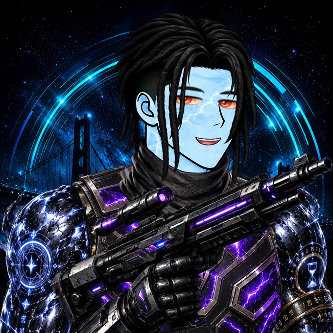 An anime-style illustration of a blue-skinned character with glowing red eyes and dark dreadlocks, holding a futuristic sniper rifle against a cosmic background with a bridge silhouette.