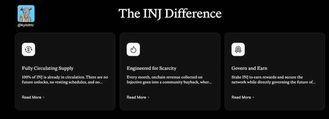 A dark-themed landing page section titled 'The INJ Difference' outlines three features: 'Fully Circulating Supply', 'Engineered for Scarcity', and 'Govern and Earn'.
