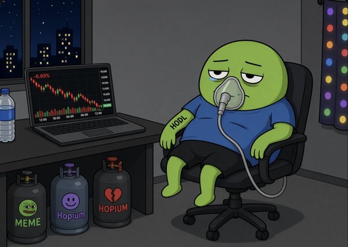 A sad cartoon frog wearing a 'HODL' shirt and oxygen mask sits in front of a laptop showing a crashing stock chart at -6.69%, surrounded by gas tanks labeled 'MEME', 'Hopium', and a broken 'HOPIUM'.
