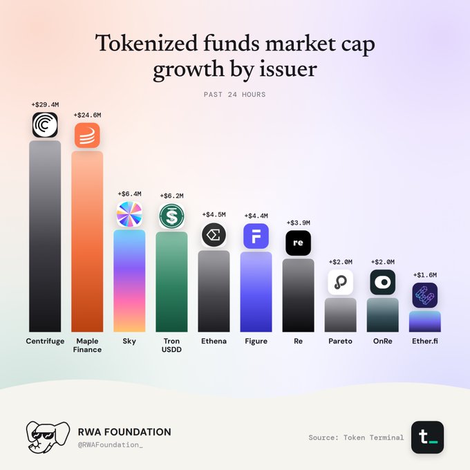 An infographic titled 'Tokenized funds market cap growth by issuer' showing a bar chart of past 24-hour gains, led by Centrifuge (+$29.4M) and Maple Finance (+$24.6M).