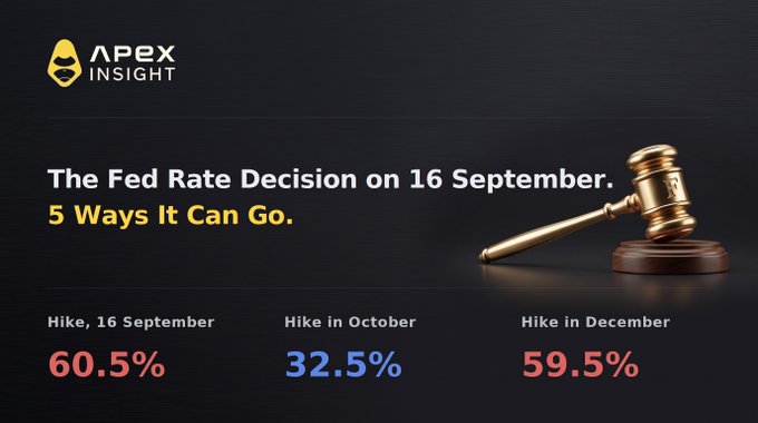 A financial infographic titled 'The Fed Rate Decision on 16 September. 5 Ways It Can Go' by APEX INSIGHT, displaying a gavel image and percentages: Hike 16 September 60.5%, Hike in October 32.5%, Hike in December 59.5%.