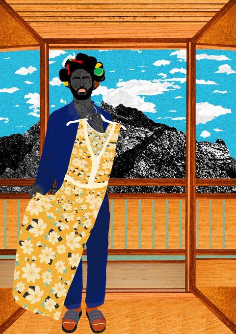 A digital collage artwork depicting a Black man with a floral headband standing in a traditional Japanese room overlooking a mountain landscape.