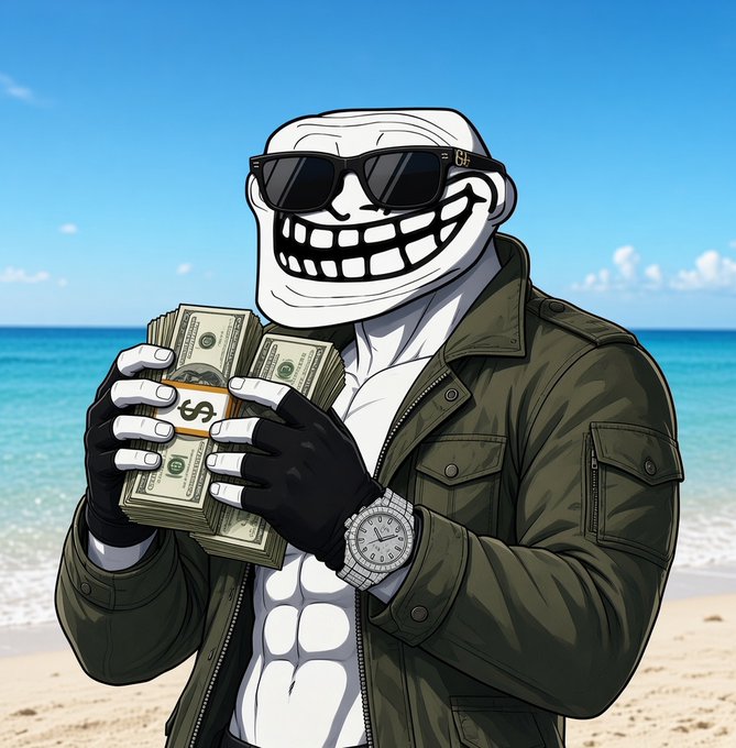 A digital illustration of a muscular troll face character wearing sunglasses, a green jacket, and a gold watch, holding stacks of US dollar bills with a rubber band, set against a beach background.
