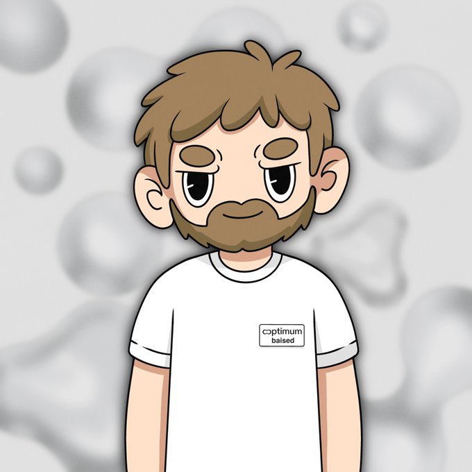 A cartoon-style avatar depicts a bearded man with brown hair wearing a white t-shirt featuring an "Optimum" logo patch on the chest, set against a background of floating gray spheres. This serves as a custom PFP for the poster, created by @marrr_marina in the Optimum style to represent them as they prepare new content.
