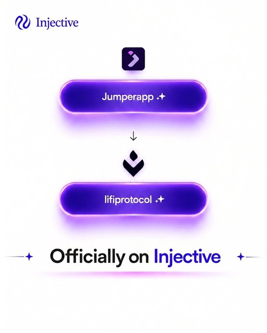 An Injective-branded graphic announcing that Jumper.app and lifi.protocol are 'Officially on Injective' with purple neon-style buttons.