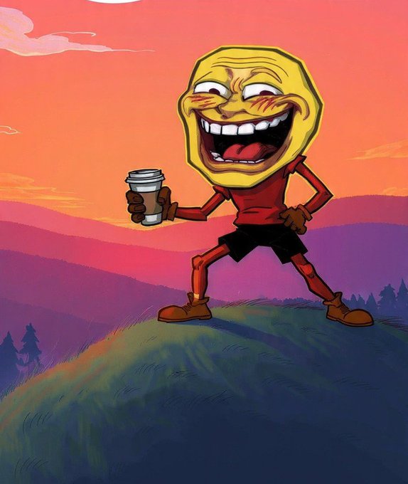 A cartoon illustration of a coin-headed character with an exaggerated grinning face, wearing a red shirt and black shorts, holding a coffee cup while standing on a grassy hill at sunset.