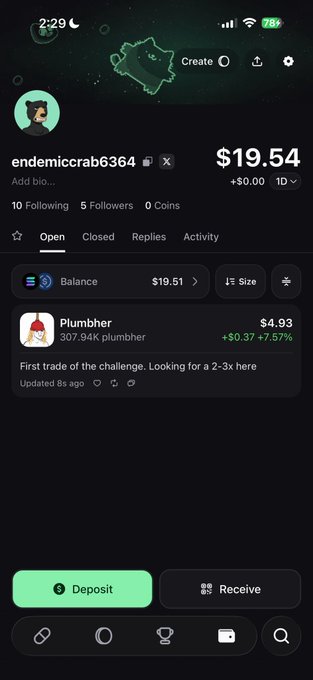A Robinhood portfolio screenshot shows the user "endemicrab6364" with $19.54 in cash balance and a position of 307.94K shares of "Plumber" up +$0.37 (+7.57%), illustrating their first trade in a challenge as mentioned in the post inviting others to join via a pump.fun link.