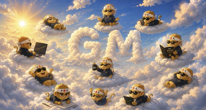 A whimsical digital artwork showing multiple cartoon monkeys wearing '村民' headbands sitting on clouds in a sunny sky, working on laptops and forming the letters 'GM'.