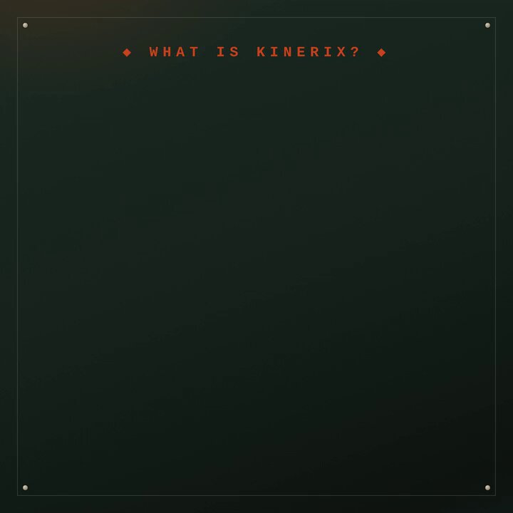 The image shows a black background with white text that reads "What is Kinerix?". The text is accompanied by an orange arrow pointing towards the word "Kinerix", suggesting that this is a question about the game or its name.