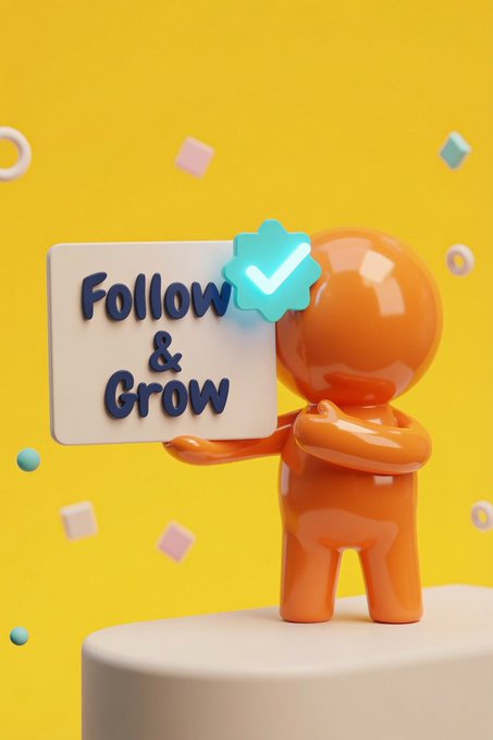 A 3D illustration features a glossy orange character holding a white sign reading 'Follow & Grow' adorned with a teal checkmark badge, set against a bright yellow background with floating geometric shapes.
