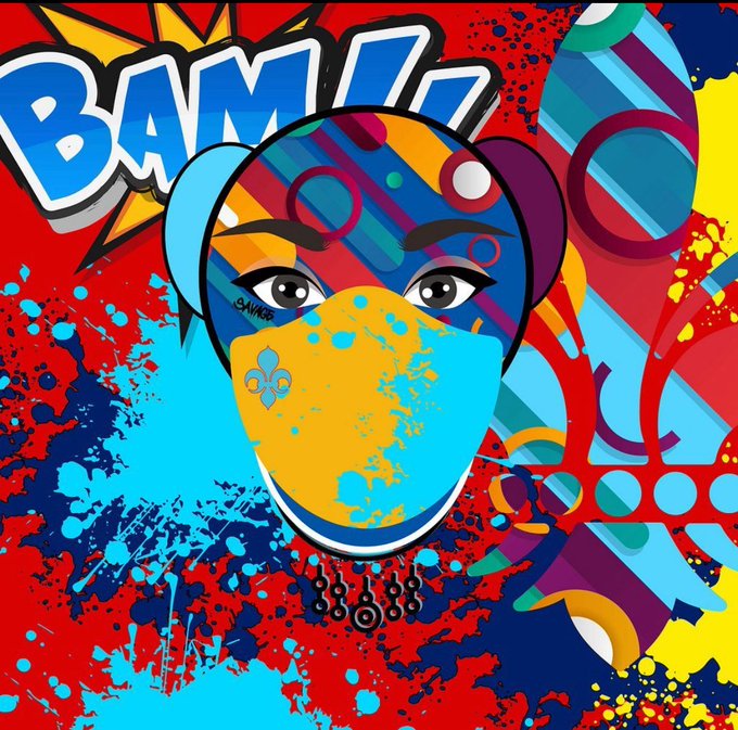 A vibrant pop art style illustration of a woman wearing a yellow bandana mask, with colorful geometric patterns, paint splatters, and the word "BAM!" in comic-style lettering.
