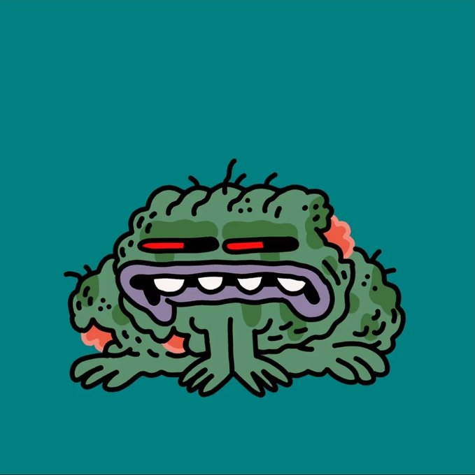 A digital drawing of a lumpy, green monster with drool hanging from its purple lips, a wide toothy grin, and glowing red eyes against a teal background.