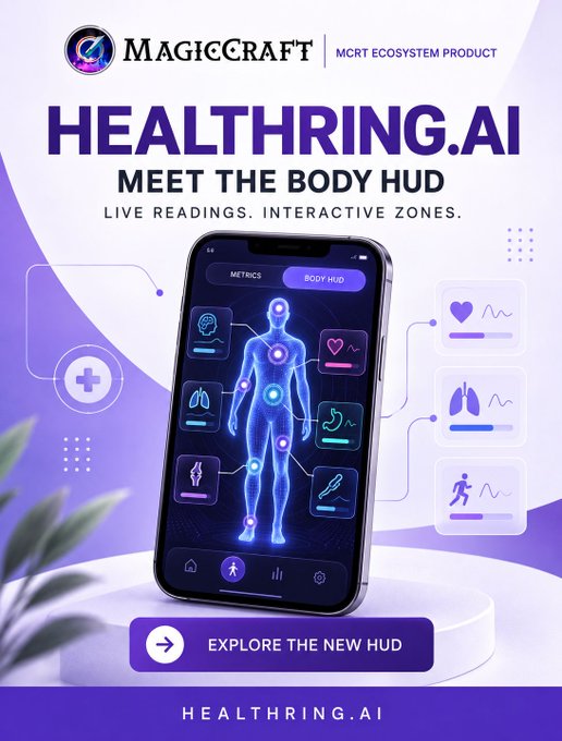 An advertisement for MagicCraft's HEALTHRING.AI, described as an MCRT Ecosystem Product and 'The Body HUD' with 'live readings. interactive zones.' The ad shows a smartphone displaying a human body interface with various health metrics.