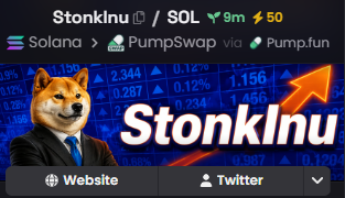 A 'Stonklnu' meme coin listing on Solana showing a 9m market cap, connected via PumpSwap and available on Pump.fun, featuring a Shiba Inu in a suit.