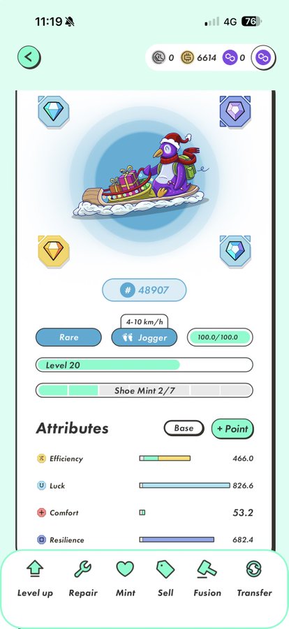A mobile game screenshot showing a penguin character in a sled labeled 'Rare' and 'Jogger' with attributes Efficiency (466.0), Luck (826.6), Comfort (53.2), and Resilience (682.4), and bottom menu options: Level up, Repair, Mint, Sell, Fusion, Transfer.