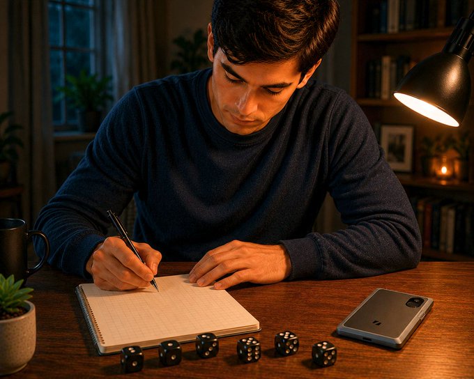 A young man is intently writing in a notebook at a desk illuminated by a warm lamp, with dice scattered nearby and a smartphone beside him, visually echoing the post's emphasis on rolling dice for self-generated entropy and writing down seed information. A small potted succulent, framed photo, and bookshelves create a personal, privacy-focused workspace that reinforces the theme of taking custody of one's own cryptographic keys.