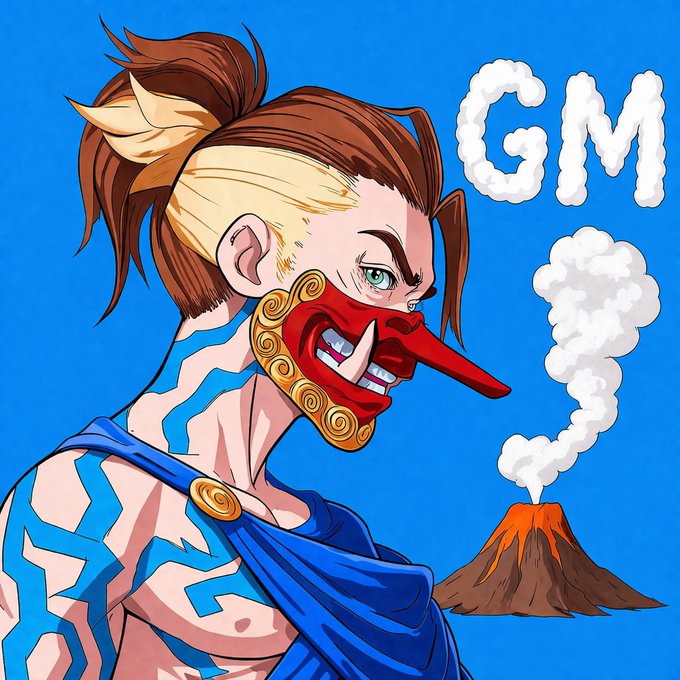 An illustration of a character with brown and blonde hair, blue tribal tattoos, and an ornate red and gold mask, with a small erupting volcano and the text 'GM' made of clouds on a blue background.
