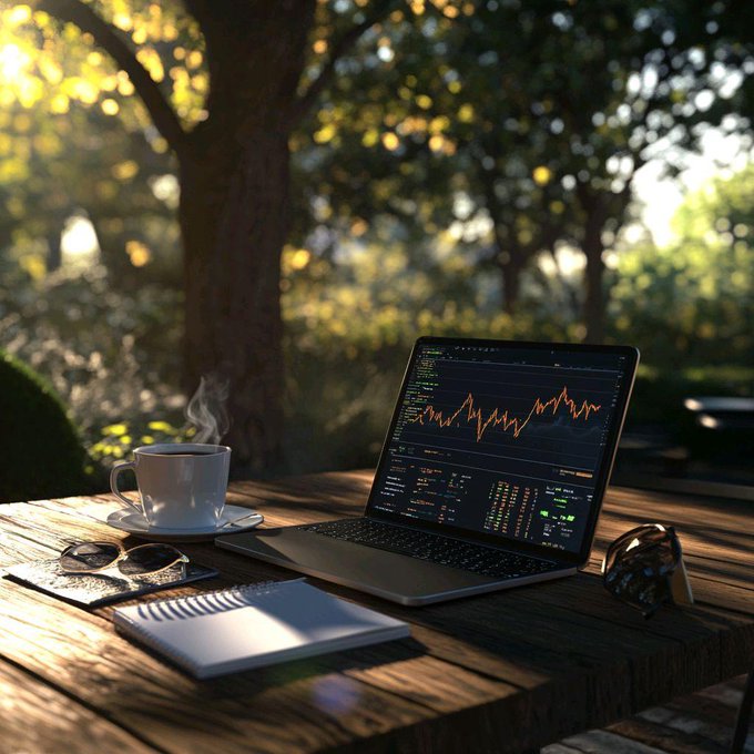 A serene outdoor workspace on a wooden picnic table in a sunlit forest, featuring a laptop displaying a stock chart, a steaming cup of coffee, sunglasses, a notebook, and a small clock.