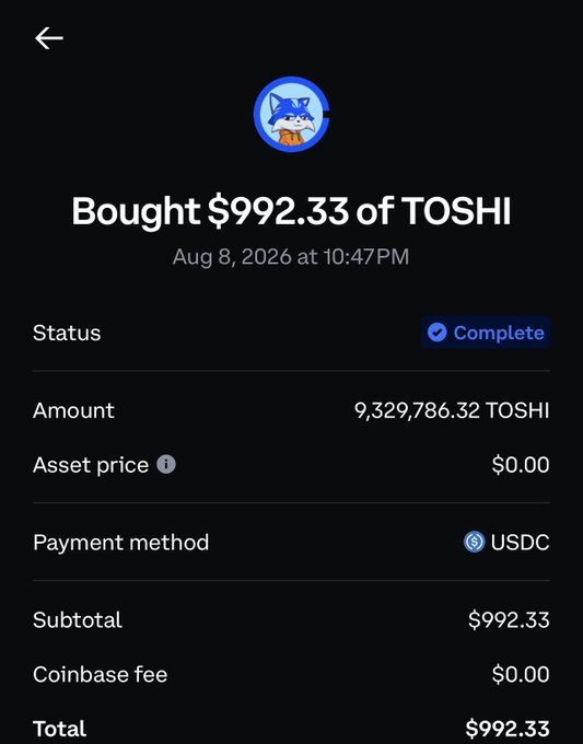 A Coinbase transaction confirmation showing a completed purchase of 9,329,786.32 TOSHI for $992.33 on August 8, 2026, paid via USDC. The screenshot supports the post's message about "stacking $toshi," visually demonstrating a large accumulation of the token through the Coinbase app, with the TOSHI fox mascot featured prominently at the top—aligning with the claim that it is the "face of Base" and "Coinbase's very own mascot."