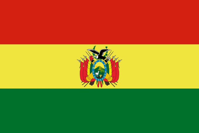 The national flag of Bolivia, featuring horizontal red, yellow, and green stripes with the country's detailed coat of arms centered in the yellow band.