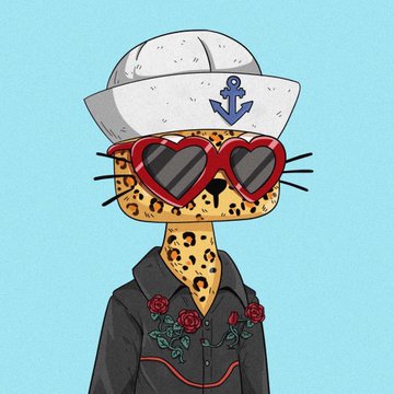 A whimsical illustration of a cheetah wearing a sailor hat with an anchor emblem, heart-shaped sunglasses, and a dark shirt decorated with red roses.