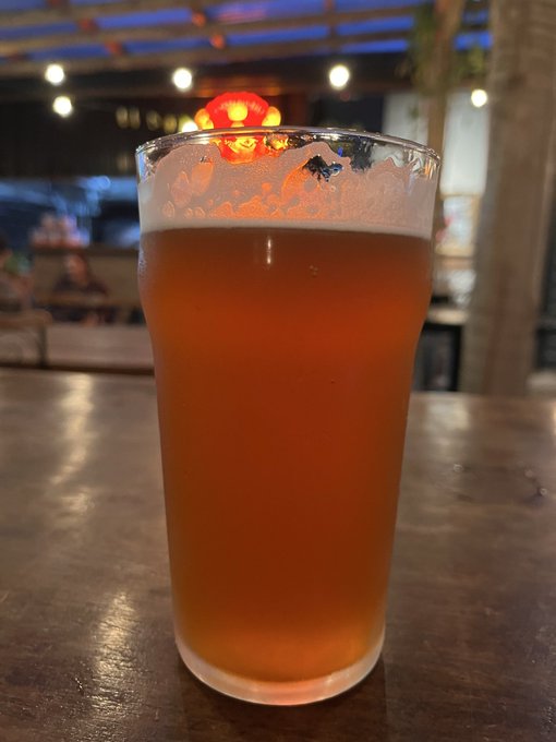 A pint glass of amber beer sits on a wooden table in a dimly lit venue with warm lights and blue accents in the background.