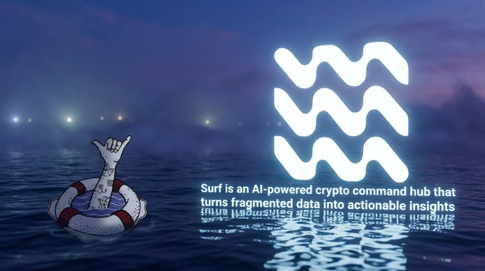 A promotional image for Surf, described as 'an AI-powered crypto command hub that turns fragmented data into actionable insights,' featuring a white shaka-hand logo and a figure in a life preserver on water.